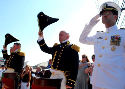US Navy 110722-N-AU127-091 Vice Adm. John Bird, right, Director of Navy Staff, Cmdr. Tim Cooper, the 71st commanding officer of USS Constitution, a
