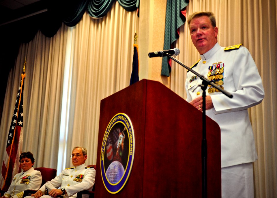US Navy 110722-N-KK576-027 Vice Adm. Barry McCullough, commander of U.S. Fleet Cyber Command and U.S. 10th Fleet, delivers remarks during a change