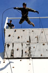US Navy 110720-N-WW409-534 Lt. Ryan Ramsden, assigned to Explosive Ordnance Disposal Mobile Unit 5, rappels off a tower while training with members