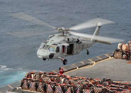 US Navy 110726-N-QD416-075 An MH-60S Sea Hawk helicopter transfers cargo from USNS Lewis and Clark (T-AKE 1) to USNS Comfort (T-AH 20)