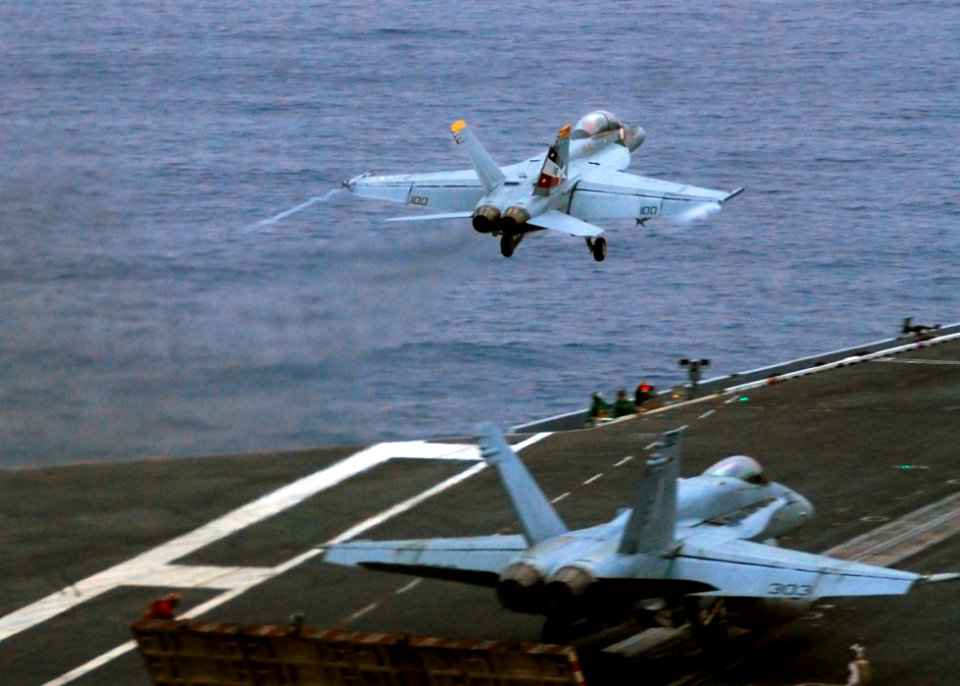 US Navy 110723-N-VA590-042 An F-A-18F Super Hornet assigned to the Bounty Hunters of Strike Fighter Squadron (VFA) 2 launches from the aircraft car