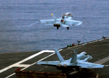 US Navy 110723-N-VA590-042 An F-A-18F Super Hornet assigned to the Bounty Hunters of Strike Fighter Squadron (VFA) 2 launches from the aircraft car