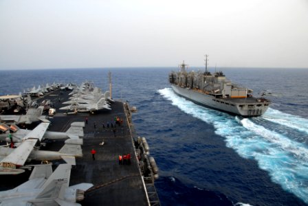 US Navy 110722-N-KF029-013 The Military Sealift Command fast combat support ship USNS Bridge (T-AOE 10) approaches the aircraft carrier USS Ronald