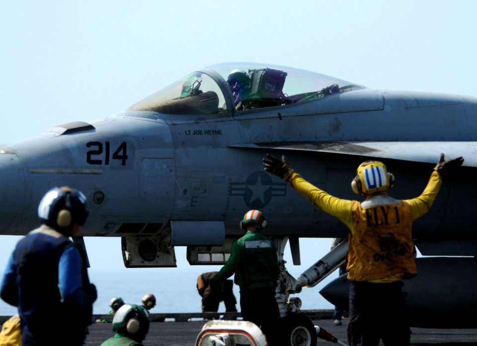 US Navy 110728-N-NB544-273 An F-A-18E Super Hornet assigned to the Argonauts of Strike Fighter Squadron (VFA) 147 taxis to a catapult aboard the a
