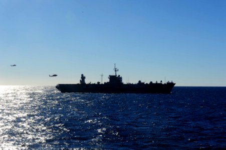 US Navy 110722-N-WA347-117 Two MH-60S Sea Hawk helicopters fly above USS Blue Ridge (LCC 19)