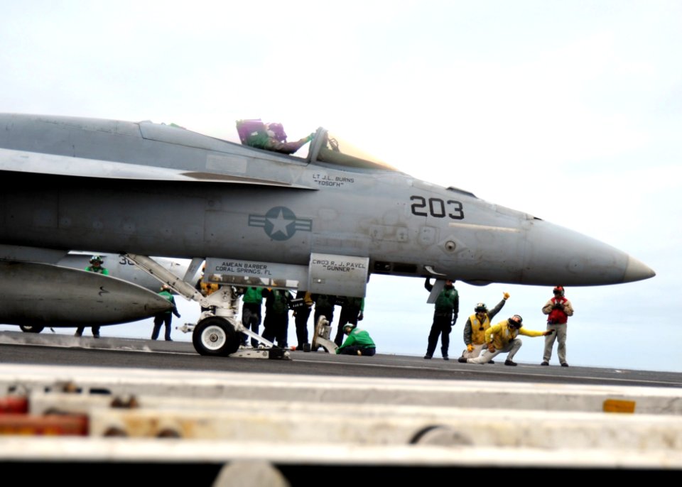 US Navy 110723-N-YB753-096 An F-A-18E Super Hornet assigned to the Kestrels of Strike Fighter Squadron (VFA) 137 launches from the aircraft carrier