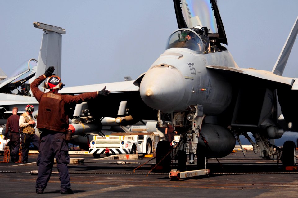 US Navy 110729-N-UO379-058 An F-A-18F Super Hornet assigned to the Black Knights of Strike Fighter Squadron (VFA) 154 undergoes power plant tests
