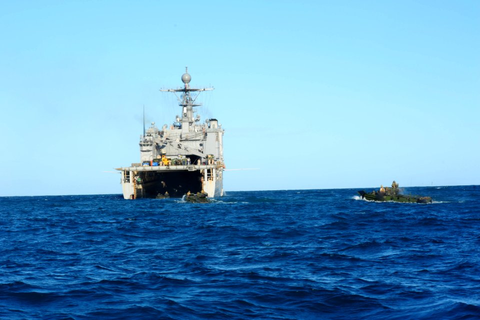 US Navy 110730-N-WA347-105 Amphibious assault vehicles enter the well deck of USS Germantown (LSD 42), marking the completion of exercise Talisman
