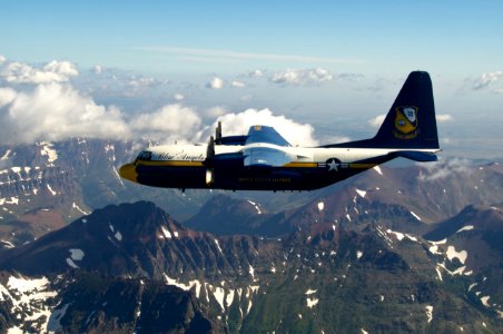 US Navy 110729-N-BA418-007 Fat Albert, a C-130 Hercules aircraft assigned to the U.S. Navy flight demonstration squadron, the Blue Angels photo