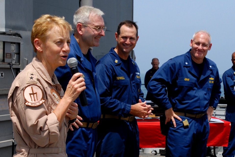 US Navy 110804-N-DU438-353 Rear Adm. Nora W. Tyson, commander of Carrier Strike Group (CSG) 2, left, is accompanied by commanding officer Capt. Pat