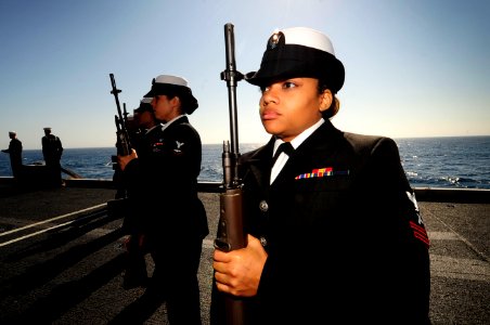 US Navy 110801-N-ZZ999-143 Gunner's Mate 2nd Class Amanda Putnam, from Nashville, N.C., serves as a member of the rifle guard aboard the Nimitz-cl