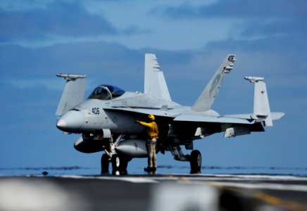 US Navy 110730-N-ZZ999-079 Lt. Dave Toline directs an F-A-18C Hornet aboard USS John C. Stennis (CVN 74)