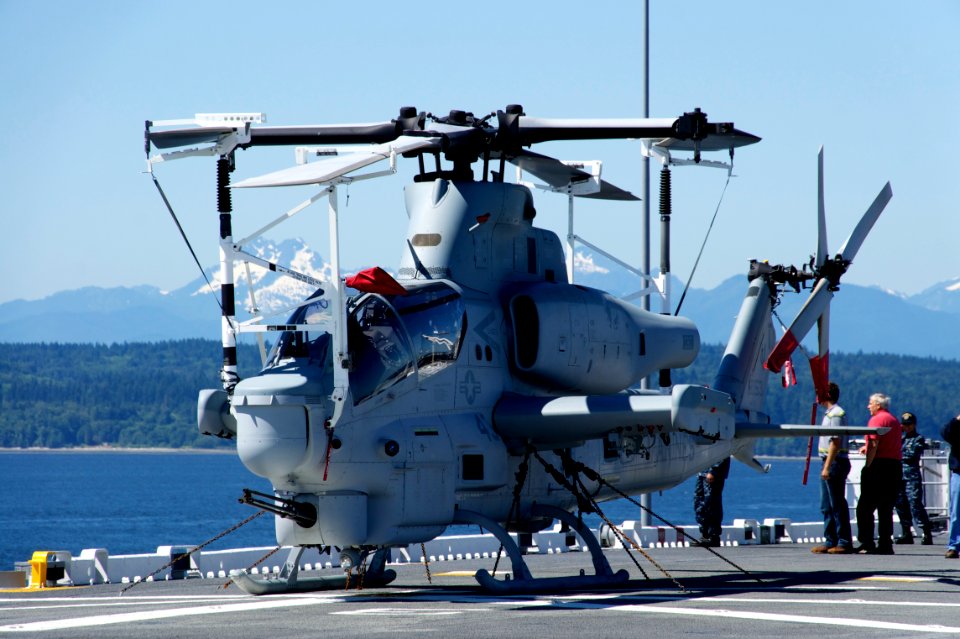 US Navy 110801-N-ZC343-582 A U.S. Marine Corps AH-1W Cobra helicopter is chained to the flight deck aboard the amphibious assault ship USS Bonhomme