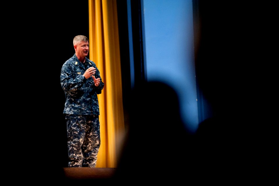 US Navy 110804-N-PB383-070 Master Chief Petty Officer of the Navy (MCPON) Rick West speaks with service members during an all-hands call t Naval Ai