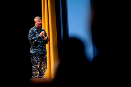 US Navy 110804-N-PB383-070 Master Chief Petty Officer of the Navy (MCPON) Rick West speaks with service members during an all-hands call t Naval Ai