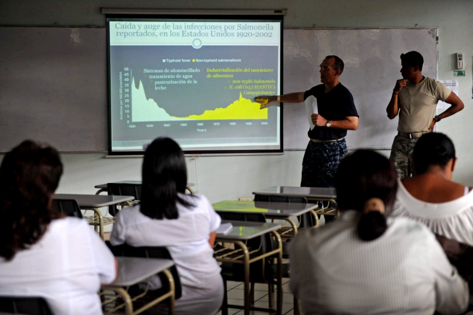 US Navy 110803-F-ET173-074 Cmdr. Mark Riddle gives Costa Rican medical professionals a lecture on infectious diarrhea during a subject matter exper
