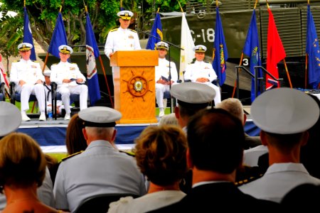 US Navy 110729-N-ZW825-102 Vice Adm. Richard W. Hunt speaks at the Maritime Expeditionary Security Group (MESG) 1 change of command and retirement