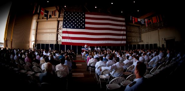 US Navy 110805-N-XS652-095 Vice Adm. Bernard J. McCullough addresses the crowd during the retirement ceremony of Rear Adm. Edward H. Deets III at J