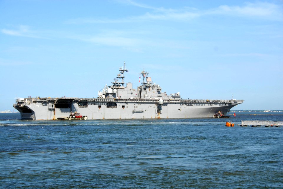 US Navy 110825-N-PS473-131 The amphibious assault ship USS Wasp (LHD 1) departs Naval Station Norfolk ahead of Hurricane Irene