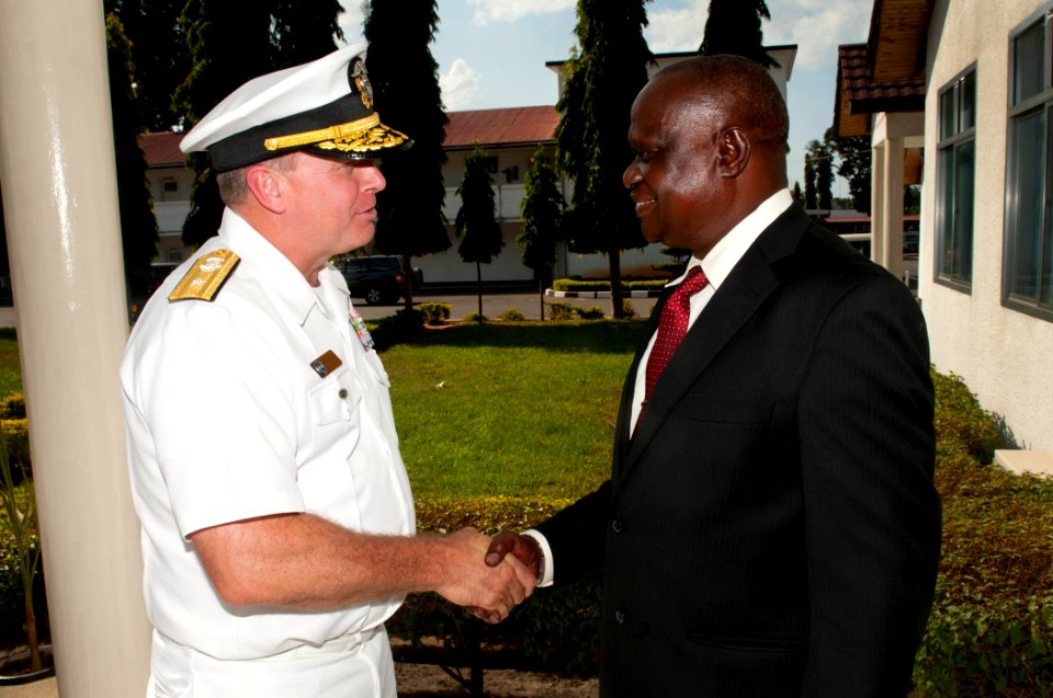 US Navy 110803-N-OV802-124 Rear Adm. Kenneth K.J. Norton shakes hands with Maj. Gen. Sylvester Rioba during an office call as part of Africa Partne