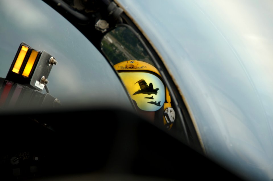 US Navy 110805-N-BA418-208 Lt. Ben Walborn, lead solo pilot, looks up toward the other F-A-18 Hornets flying in the delta formation as the U.S. Nav