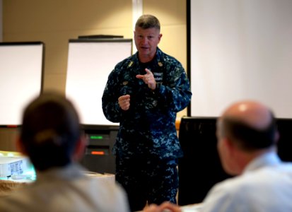 US Navy 110804-N-DR144-057 Master Chief Petty Officer of the Navy (MCPON) Rick D. West addresses the Commander, Navy Installations Command N9 Regio