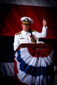 US Navy 110805-N-XS652-157 Rear Adm. Edward H. Deets III gives the audience a thumbs-up at the conclusion of his retirement ceremony at Joint Exped
