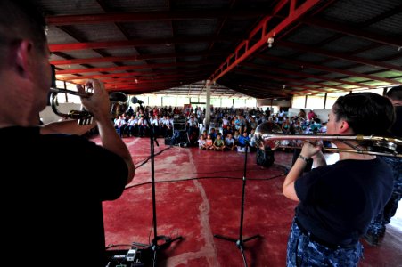 US Navy 110810-F-NJ219-128 Members of the U.S. Fleet Forces Band perform for students at CEN-CINAI Mojon Esparza during Continuing Promise 2011 photo