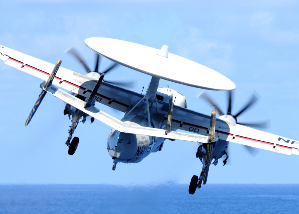 US Navy 110811-N-DS193-002 An E-2C Hawkeye assigned to the Liberty Bells of Airborne Early Warning Squadron (VAW) 115 launches from the aircraft c