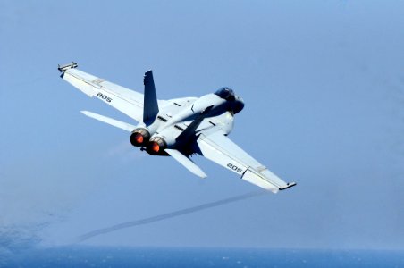 US Navy 110810-N-NB544-015 An F-A-18E Super Hornet assigned to the Argonauts of Strike Fighter Squadron (VFA) 147 launches from the aircraft carrie