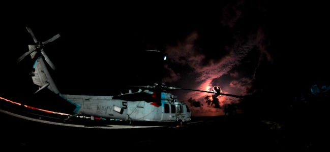 US Navy 110811-N-GC412-379 An MH-60S Sea Hawk helicopter assigned to the Eightballers of Helicopter Sea Combat Squadron (HSC) 8 sits on the flight