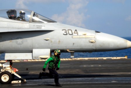 US Navy 110810-N-KF029-333 An F-A-18C Hornet assigned to the Blue Diamonds of Strike Fighter Squadron (VFA) 146 prepares to launch from the aircraf
