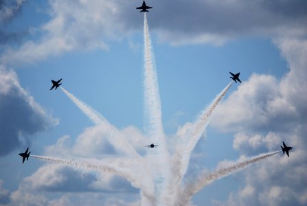 US Navy 110813-N-CI293-391 The U.S. Navy Flight Demonstration Squadron, the Blue Angels, perform a breakaway maneuver at the Fargo AirSho during Fa