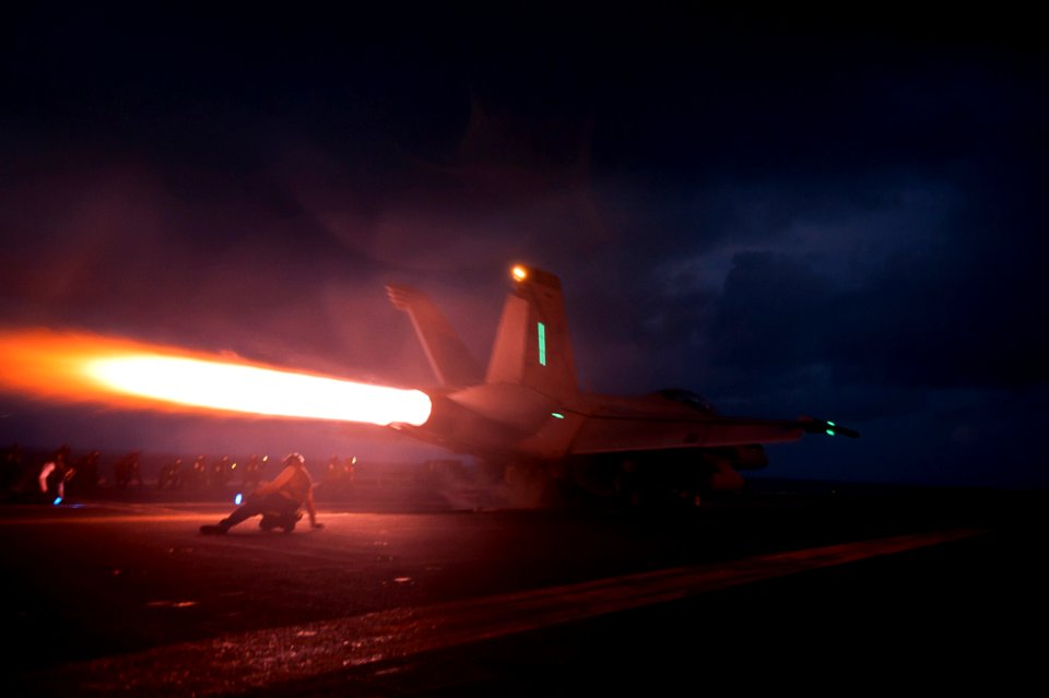 US Navy 110810-N-BT887-217 An F-A-18F Super Hornet assigned to the Black Aces of Strike Fighter Squadron (VFA) 41 launches from the Nimitz-class ai