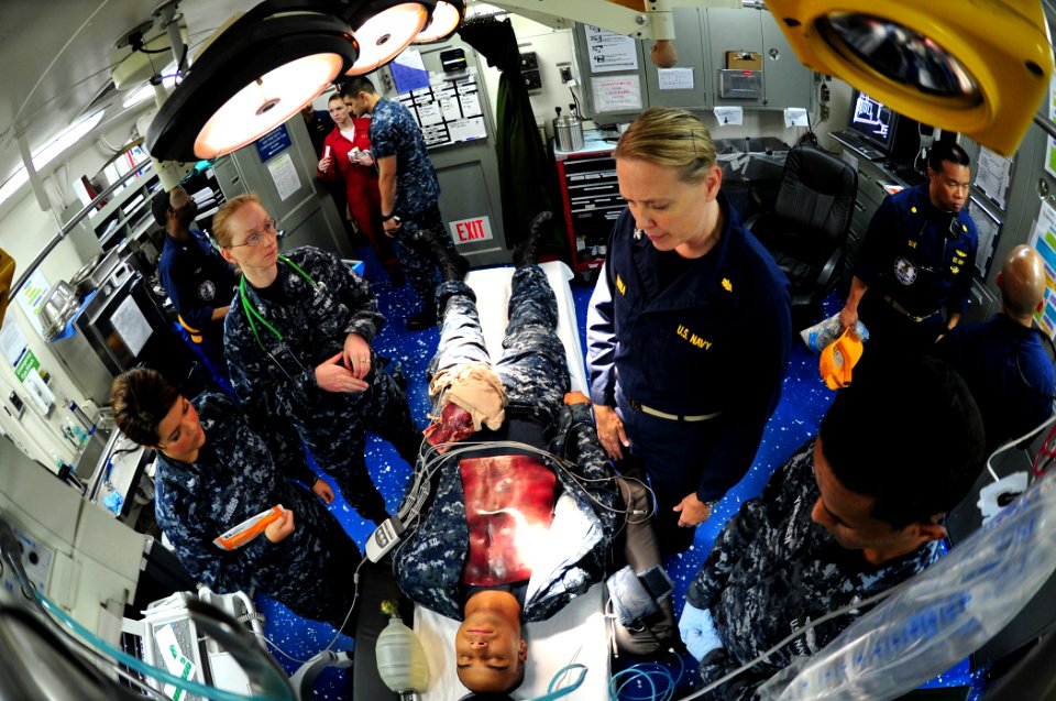 US Navy 110812-N-OI955-076 Members of the medical department aboard the aircraft carrier USS John C. Stennis (CVN 74) perform training on an electr