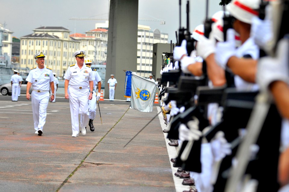 US Navy 110810-N-ZB612-297 Chief of Naval Operations (CNO) Adm. Gary Roughead inspects troops during a welcoming ceremony at the First Naval Distri