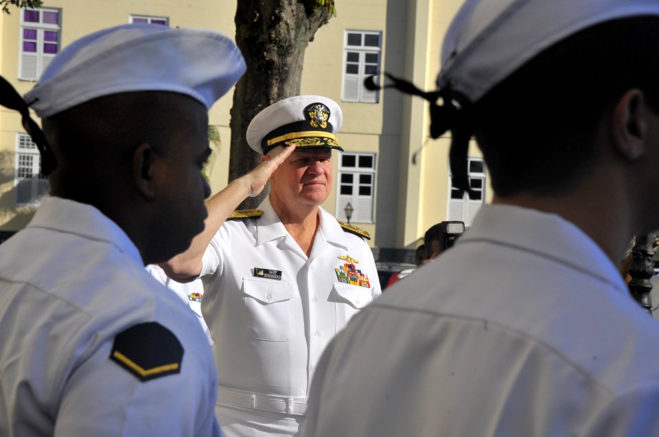 US Navy 110812-N-ZB612-059 Chief of Naval Operations (CNO) Adm. Gary Roughead renders a salute to Brazilian Marines during a welcoming ceremony at