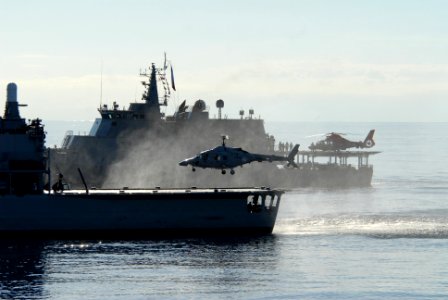 US Navy 110817-N-ZI300-147 An Ecuadorian navy Bell 230 helicopter lands aboard the Ecuadorian navy frigate BAE Moran Valverde (FM 02) after cross-d