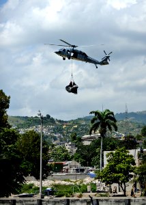 US Navy 110818-N-NY820-101 An MH-60S Sea Hawk helicopter assigned to the Chargers of Helicopter Sea Combat Squadron (HSC) 26, transports cargo to a