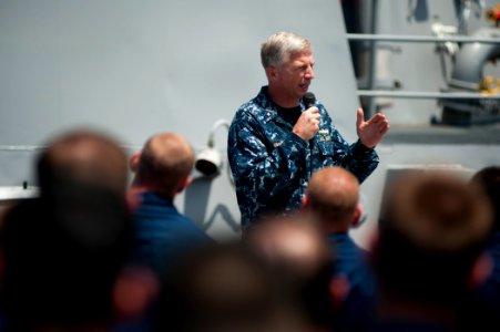 US Navy 110818-N-BT887-132 Rear Adm. Craig Faller, commander of the John C. Stennis Carrier Strike Group, speaks with crew members of the Arleigh B