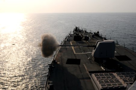 US Navy 110821-N-QL471-493 USS Truxtun (DDG-103) fires 5-inch gun during live fire exercise photo