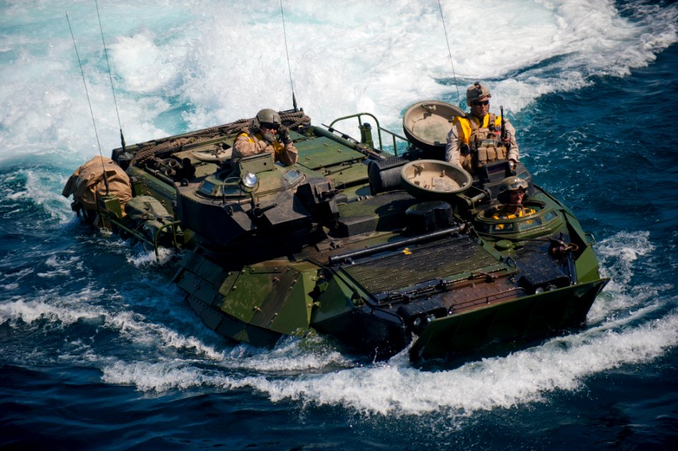 US Navy 110819-N-PB383-220 Marines drive an AAV into the well deck of the San Antonio