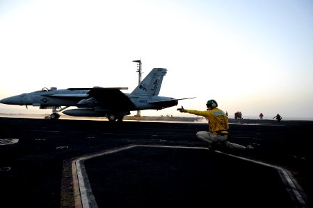 US Navy 110821-N-YZ751-496 An F-A-18E Super Hornet launches from the USS George Bush flight deck
