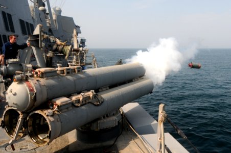 US Navy 110822-N-QL471-099 A MK-46 recoverable exercise torpedo is launched during a weapons exercise aboard the guided-missile destroyer USS Truxt