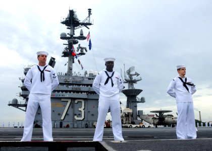 US Navy 110825-N-DS193-002 Sailors aboard USS George Washington (CVN 73) man the rails as the ship returns to Fleet Activities Yokosuka