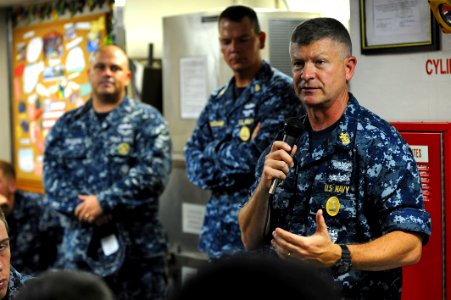 US Navy 110819-N-YR391-006 Master Chief Petty Officer of the Navy (MCPON) Rick D. West speaks to Sailors assigned to the guided-missile frigate USS