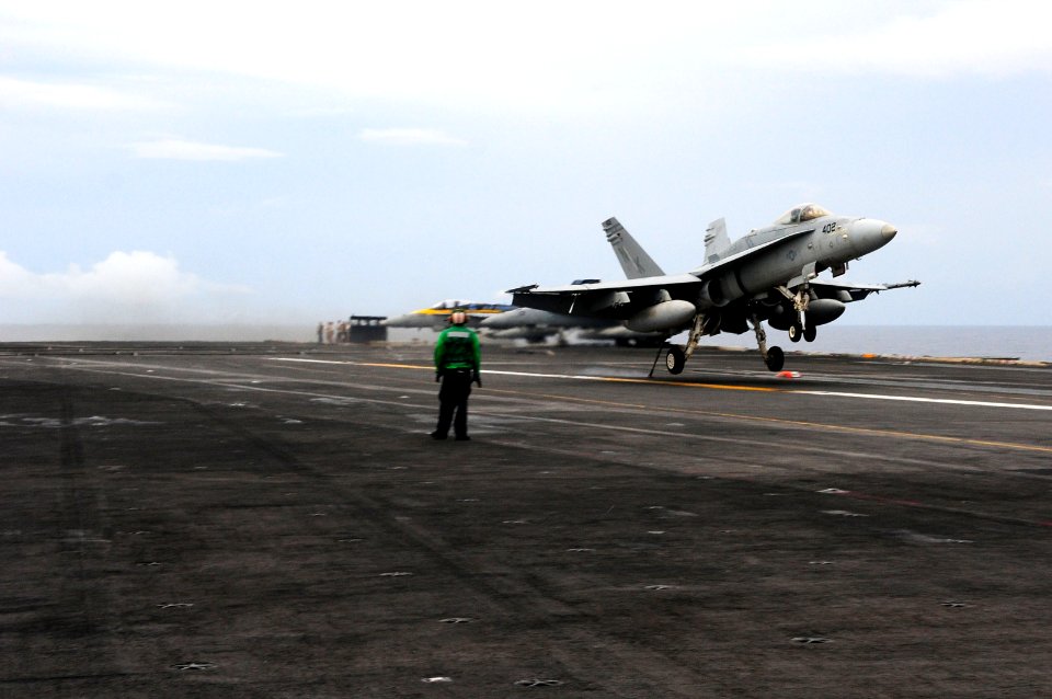 US Navy 110824-N-UO379-352 An F-A-18C Hornet assigned to the Death Rattler of Marine Fighter Attack Squadron (VMFA) 323 accelerates