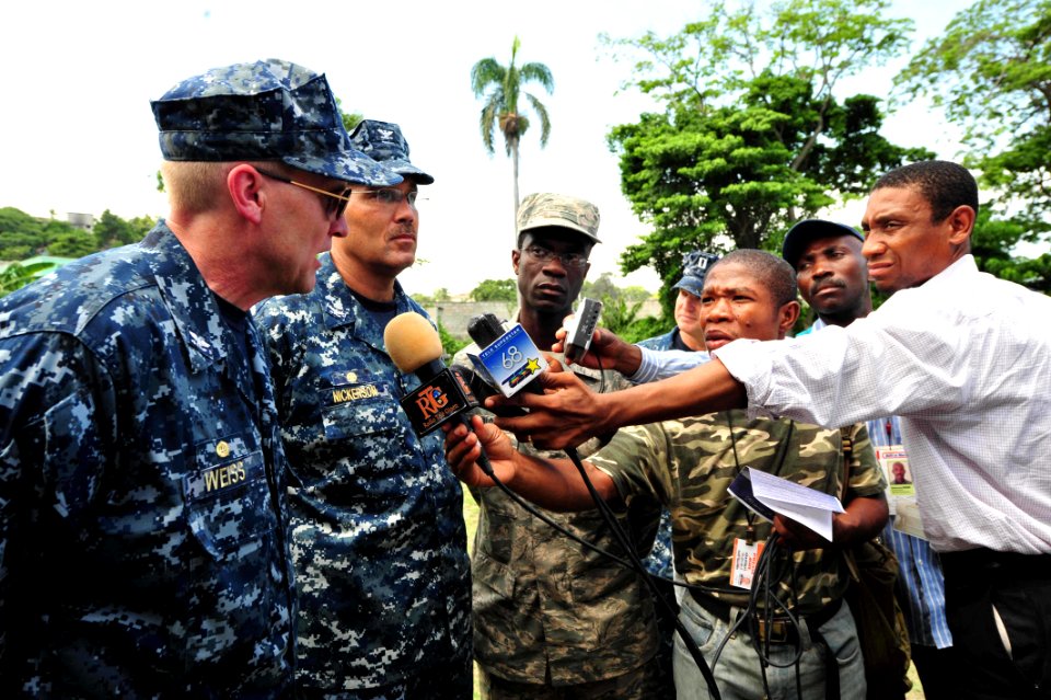 US Navy 110826-F-NJ219-128 Capt. David Weiss and Commodore Brian Nickerson answer questions for local media after the closing ceremony for Continui