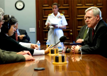 US Navy 110829-N-ZZ999-015 Secretary of the Navy (SECNAV) Ray Mabus answers questions from local Media after a speech at the Naval Postgraduate Sch
