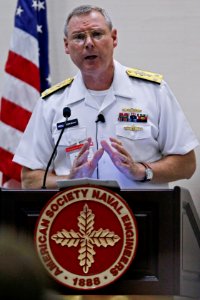 US Navy 110830-N-HW977-601 Vice Adm. Kevin McCoy, commander of Naval Sea Systems Command, delivers the keynote address at a luncheon during Fleet M